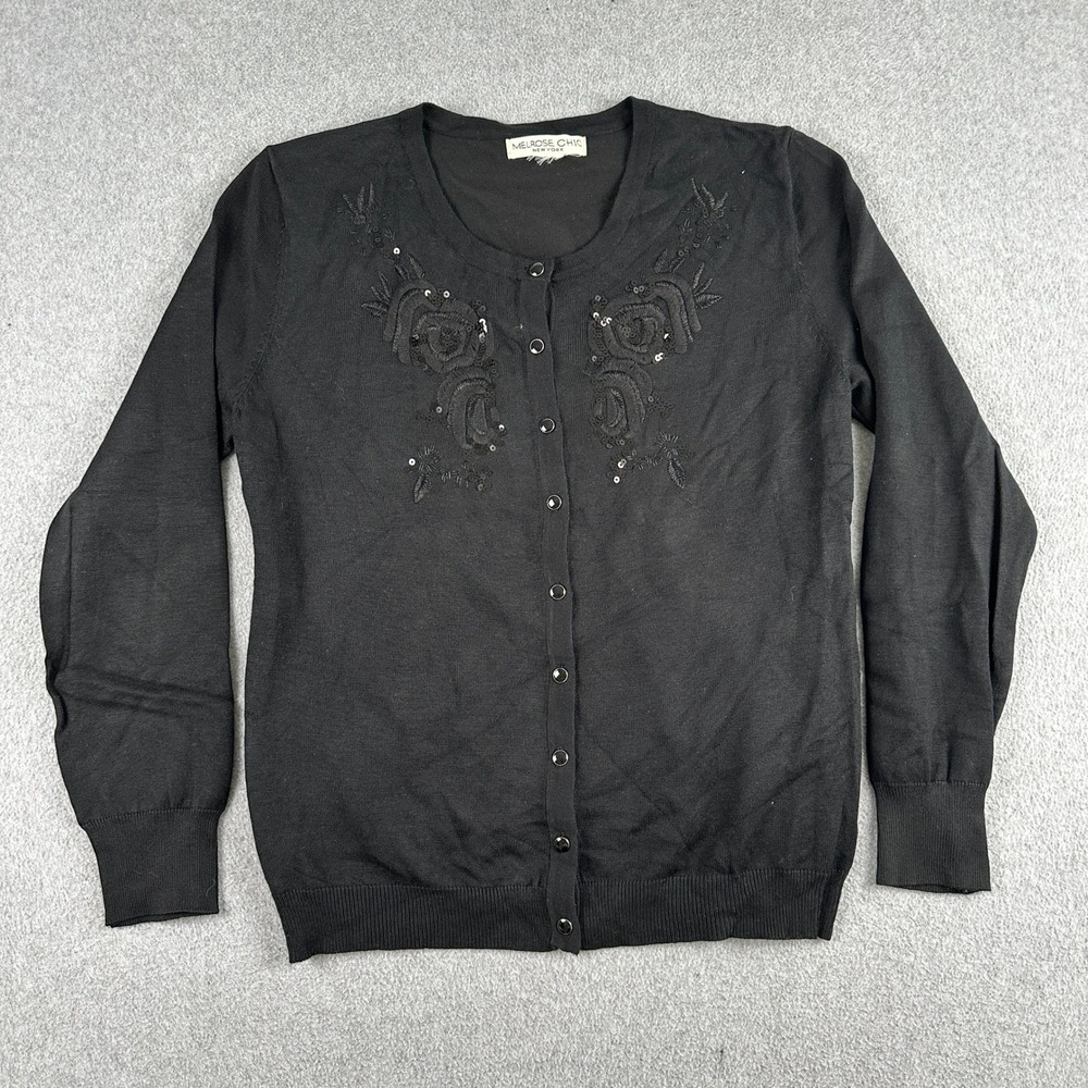 Melrose Chic Cardigan Women L Black Sequin Floral Embroidered Button‎ Up Sweater